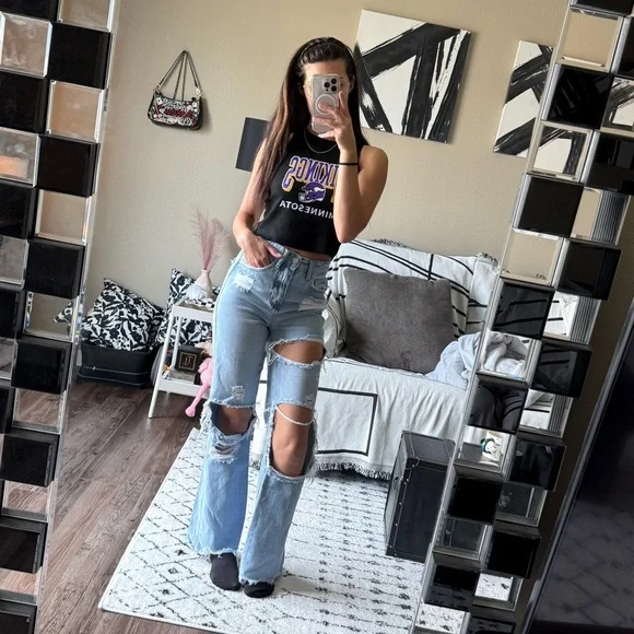 Flying Monkey Ripped Light Blue Flare Jeans - Picture 2 of 5